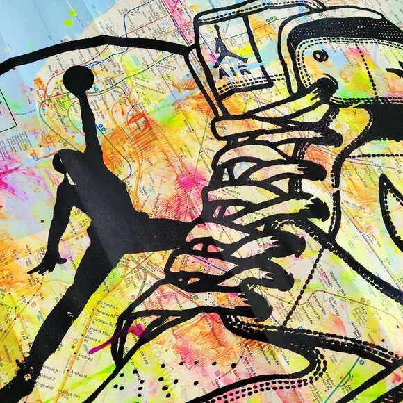 🎁Handpainted Air Jordan Sneaker Acrylic Painting Pop Art on NYC Subway Map - Picture 8 of 8